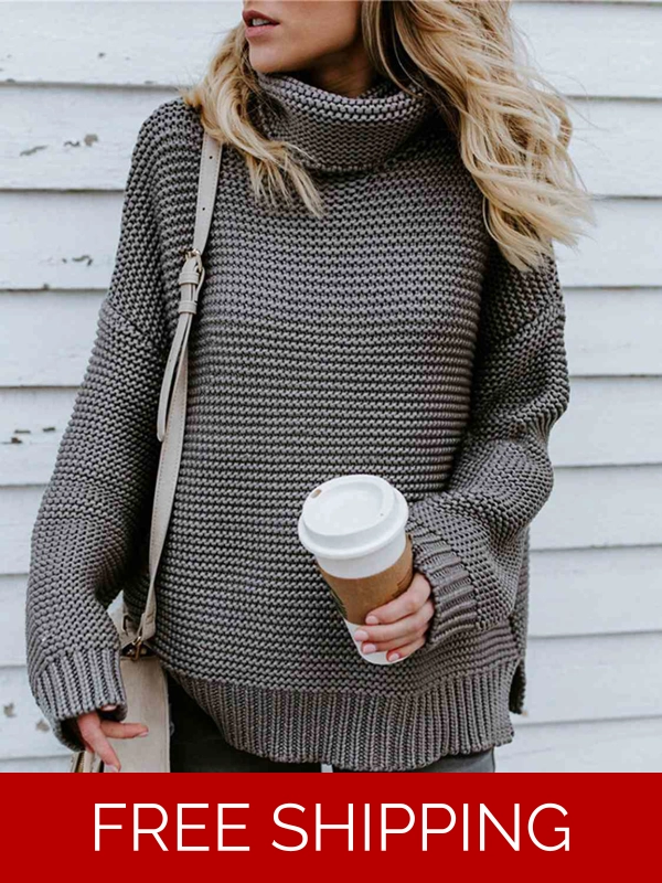 Turtleneck Dropped Shoulder Slit Sweater